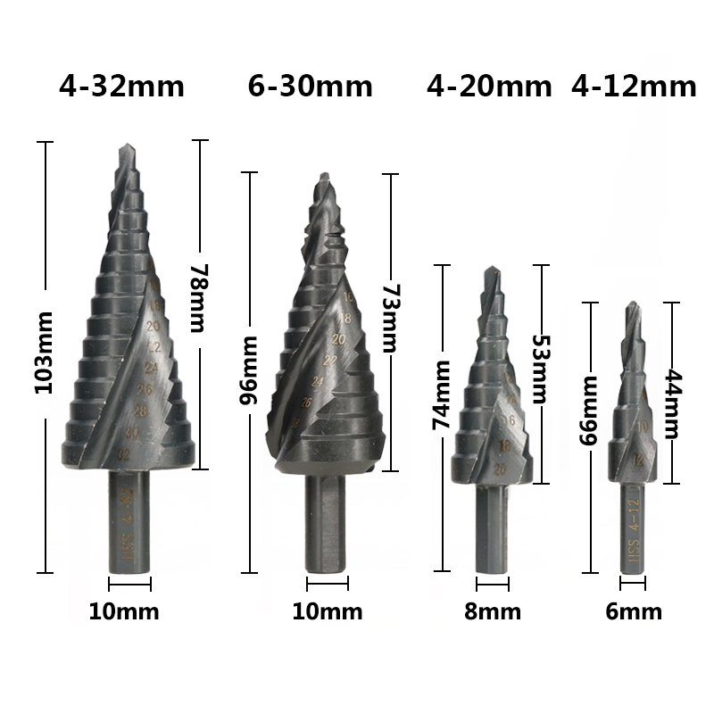 

4-12 20 32mm 6-30mm Spiral Step Cone Drill Triangle Step Drill Bit Set HSS Hole Cutter Wood/Metal Nitride Coated Core Bit