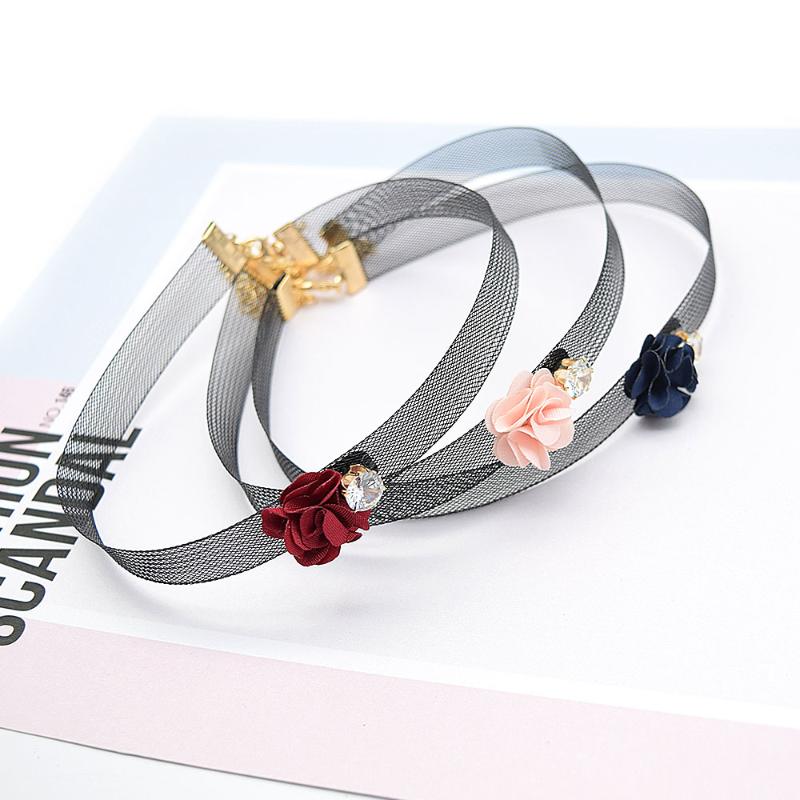 

Korean Style Gothic Accessories Bijoux Black Grid Crystal Lace Choker Collarbone DIY Flower Necklace For Women Kolye