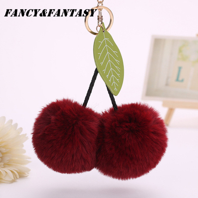 

Fancy&Fantasy Fur 8cm Leaves Ball Keychain Cherry Pom Pom Fluffy Key Chains Pompom Car Keyring Women Bag Pendant Porte
