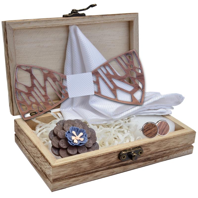 

Neck Ties Mens Self Bow Tie Set For Wedding Dress Gift Red Bule Solid Plaid Silk Handkerchief Cufflinks Brooch Wooden Bowtie And Box