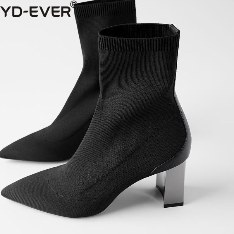 

Women Ankle Sock Boots 2020 Fashion Autumn Winter Stretch Boots Chunky High Heels Pointed Toe Women Shoes, Black