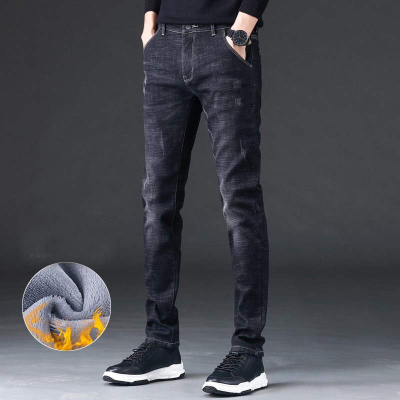 

New Winter Thick Fleece Jeans For men Stretch Warm Skinny Denim Velvet Pencil Jeans Stretch male Trousers, Black