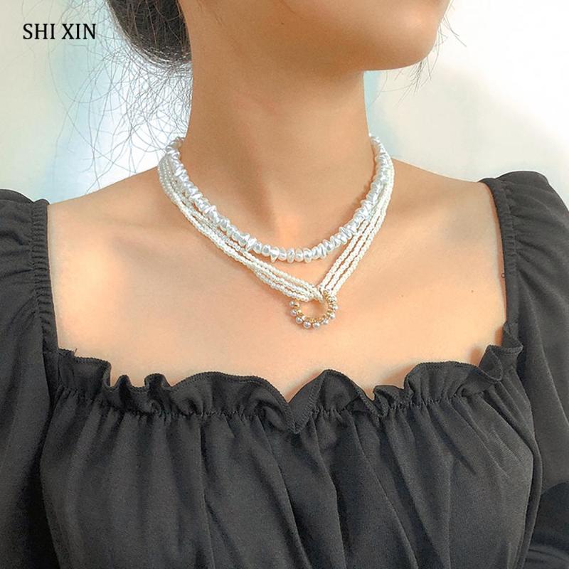 

Chokers SHIXIN 2 Pcs/Set Pearl Beaded Chain Cross Circle Pendant Necklace For Women Short Layered Choker Collar Wedding Jewelry