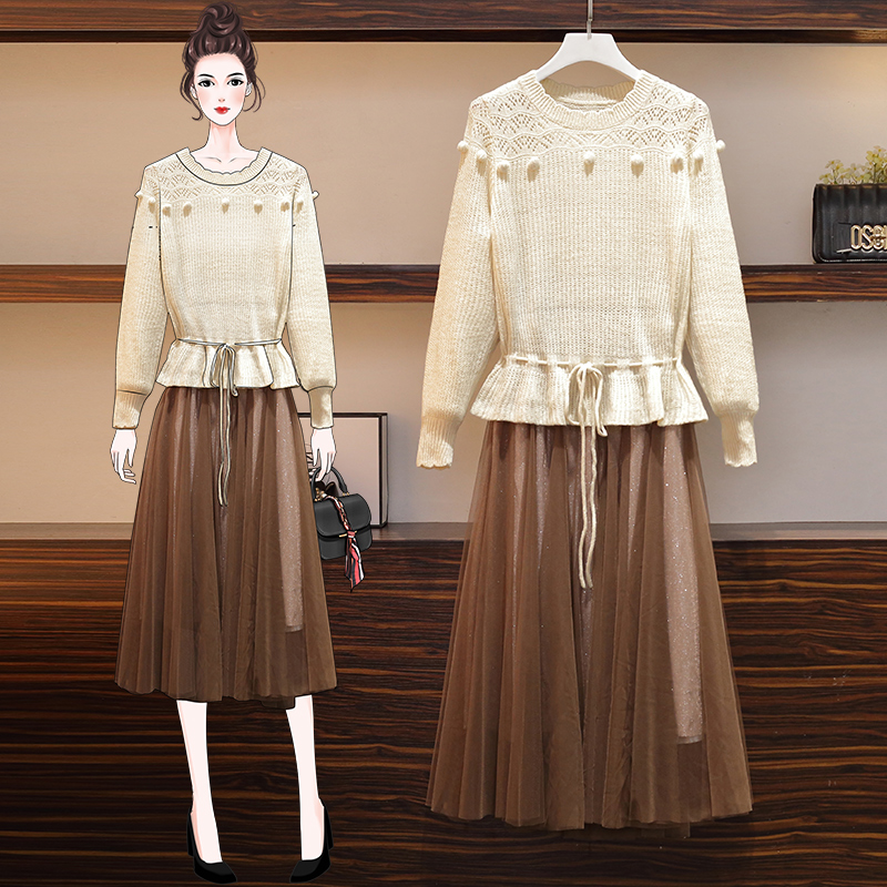 

big yards couture autumn/winter knitting sweater pleated skirt outfit younger sister net veil two pcs leisure knitted suits