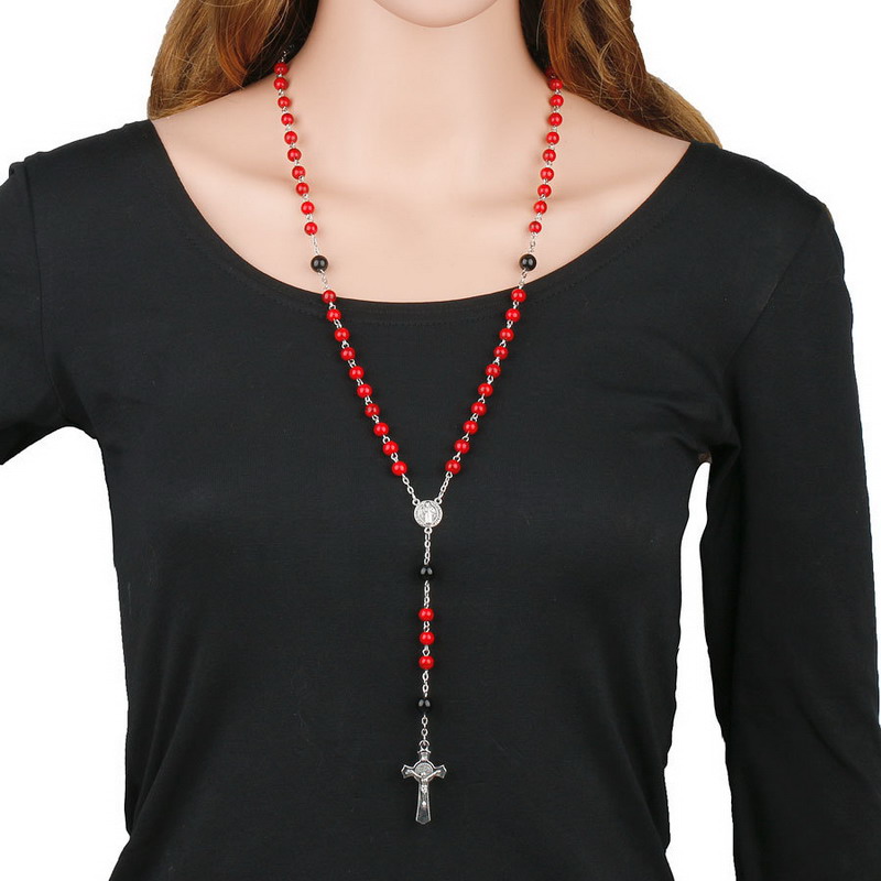 

New Natural Red Stone 8mm Beads Religious Cross Necklace Catholic Rosary St Benedict Connectors Necklace