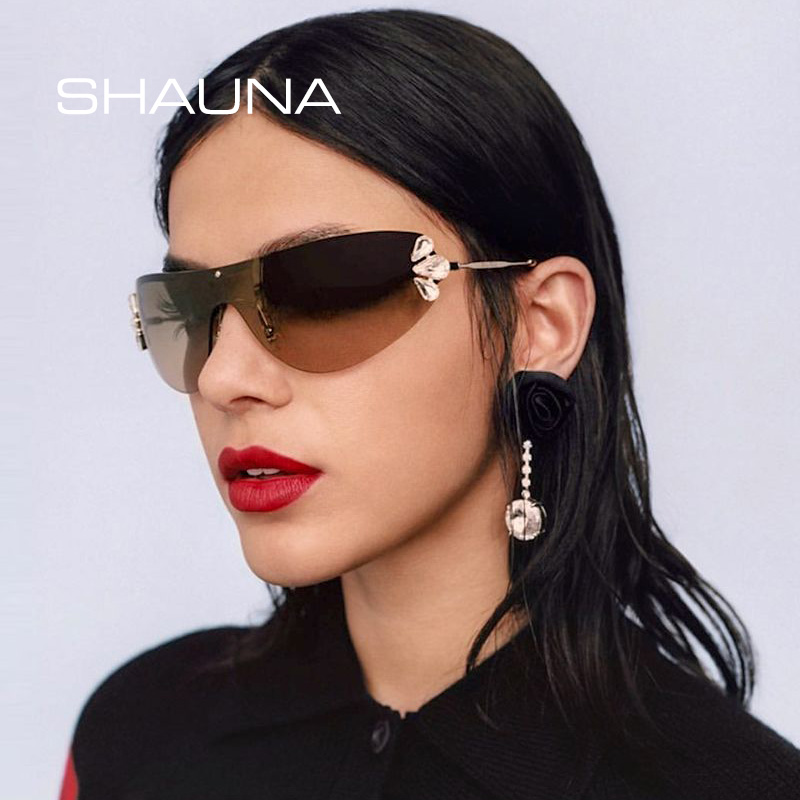 

SHAUNA Luxury Crystal Sunglasses Women Fashion One Piece Rimless Sun Glasses