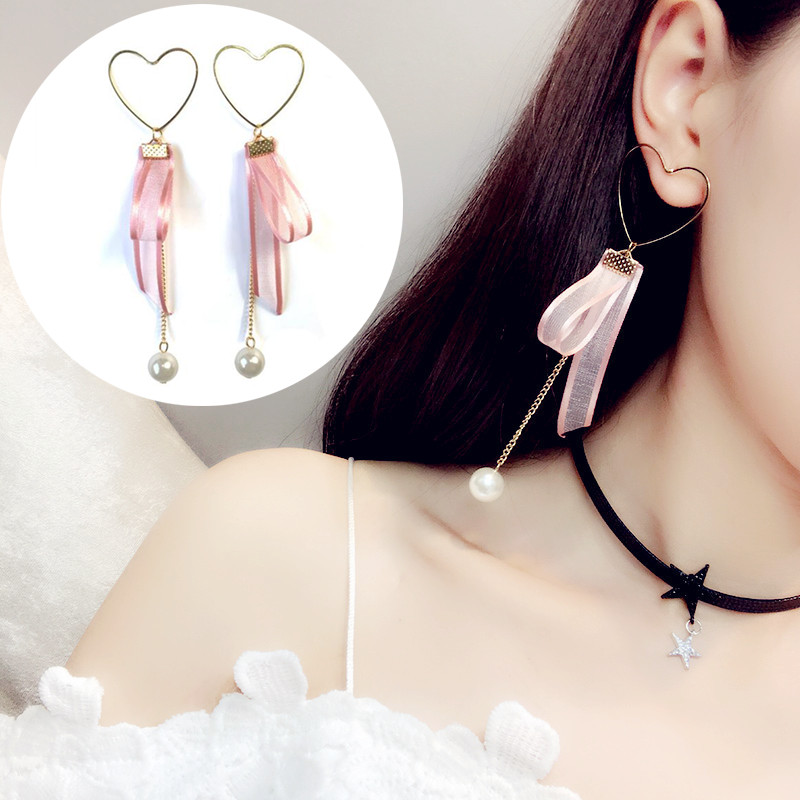 

Korean Sweet Style Heart Earrings Women's Jewelry Imitation Pearl Stud Earrings Lace Tassels Eardrop Female Accessories Present