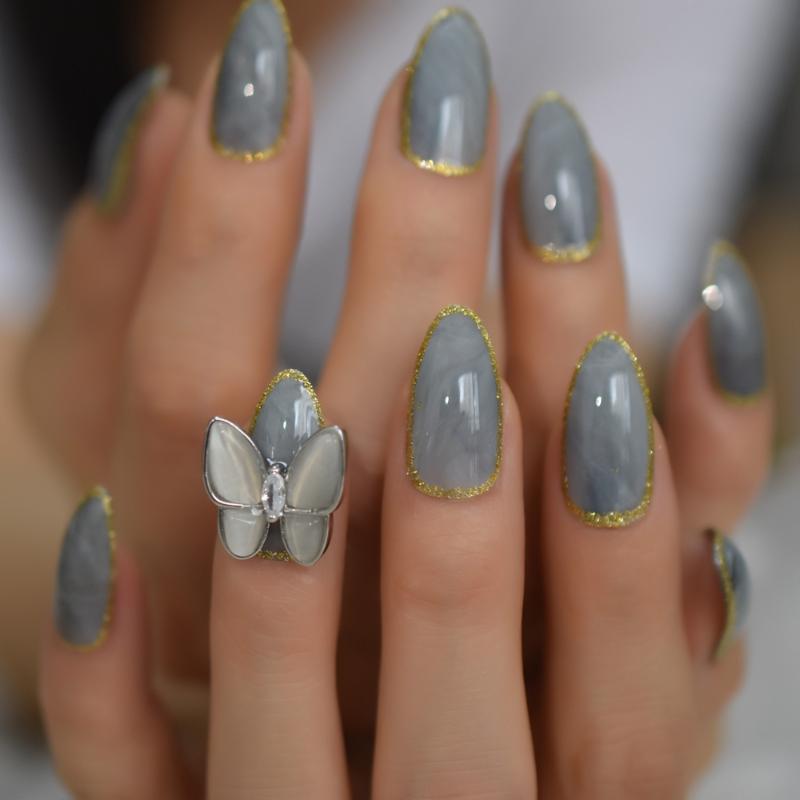 

Hot Alloy Butterfly Nail Art Designed False Nails Marble Medium Stilleto Press On Fingernails with Gold Line, L5276