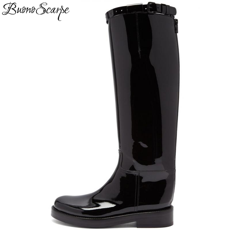 

Buono Scarpe Genuine Leather Boots Black Motorcycle Buckles Long Botas Fenimina Platform Fashion Runway Leather Boots Chaussures