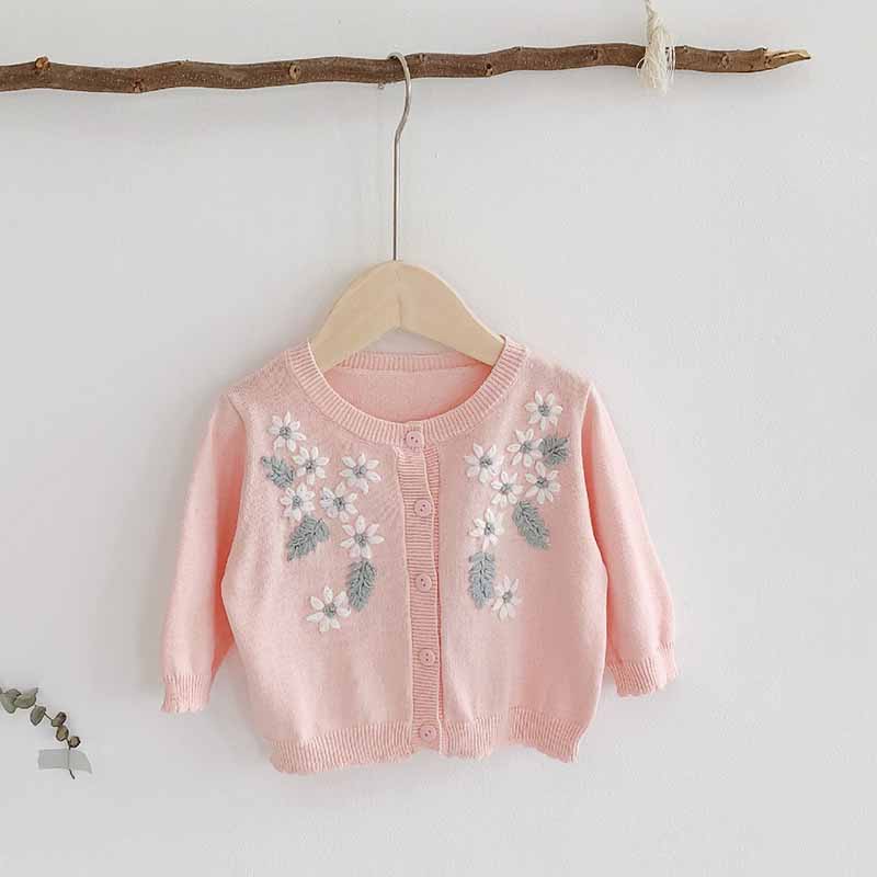 

2020 Autumn New Baby Girl sweater Long Sleeve Clothes Handmade Wool Knitted Embroidered Short Coat Sweater Outfit, Pink 02006