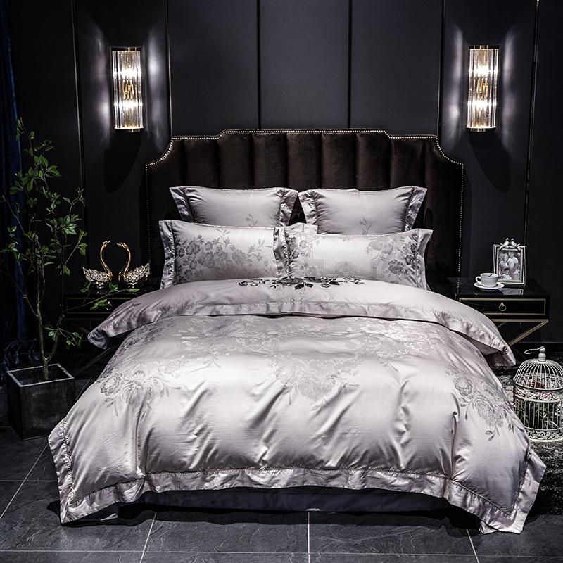 

Silver Satin like Silk Ultra Soft Duvet cover set Luxury Jacquard Bedding Set Queen King size Fitted /Flat Bed sheet 4/6Pieces, Color 3