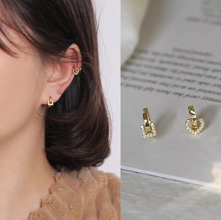 

Hoop & Huggie 925 Sterling Silver Earring Fashion Temperament Heart-shaped Square Zircon Ear Ring Bone Buckle Wild Trend Women Jew