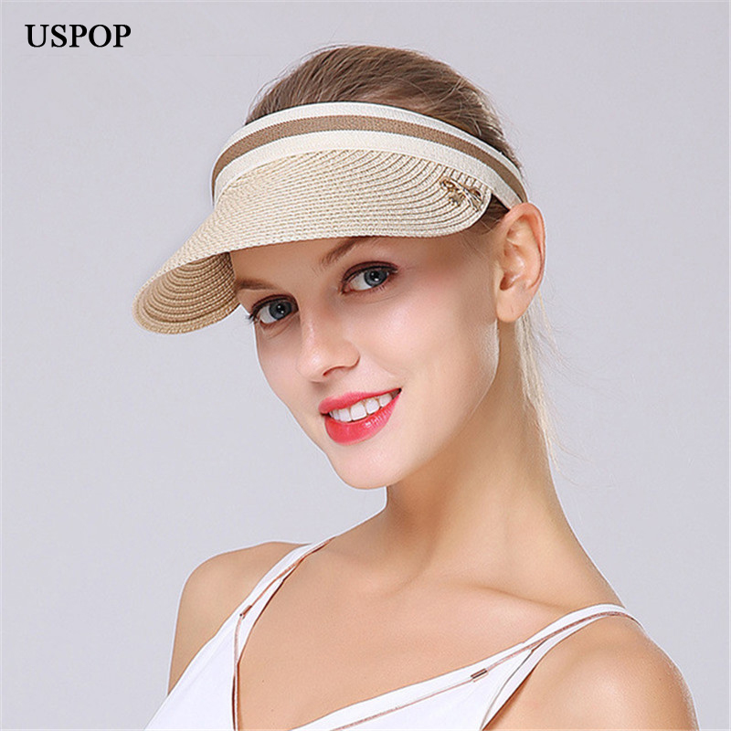 

USPOP 2020 hot woman straw sun hats Empty top visor straw caps Casual big brim bow-knot sun hat summer women girl beach hat, Js-brown-kid