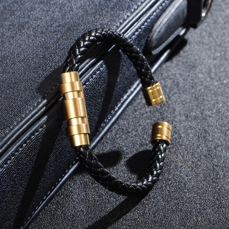 

Punk Leather Male Bangles Gold Color Black Adjustable Stainless Steel Bracelets For Men Charm Jewelry