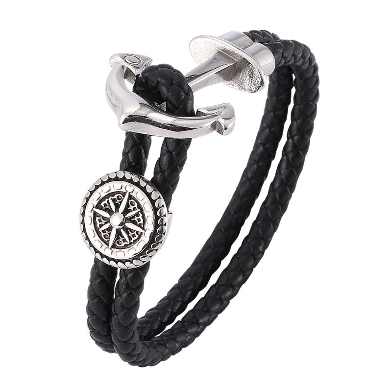 

Retro personality round shield black woven double leather bracelet Stainless steel fashion charm men's bracelet 7-SP0183