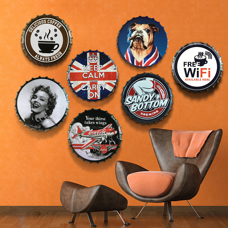 

Retro Creative Iron Beer Bottle Cap Artcrafts Wall Hanging Decorations Vintage Bar Coffee Restaurant Shop Home Decor Accessories