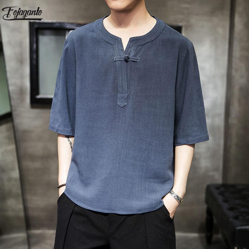 

Fojaganto Men Flax T Shirt Fashion Leisure Clothing Men Tops Fashion V-Neck T Shirt For Male Printing T-Shirt, Navy