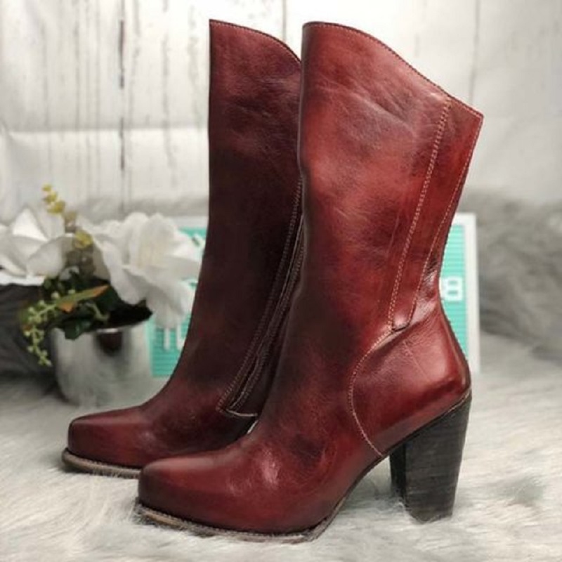 

New women boots autumn winter pu leather punk riding boots high heels platform ladies shoes vintage botas mujer, Red brown