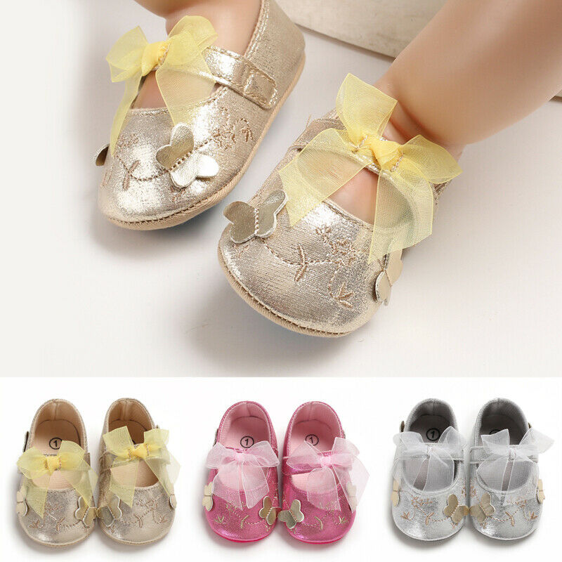 

Pudcoco 2020 New Toddler Infant Baby Girls Bowknot Print Princess Crib Shoes Non-slip Anti SlipPreWalkerS Walking Sweet Shoes, Silver