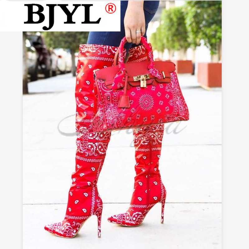 

2020 Autumn Winter New Boots Women Super High Heel Print Over The Knee Boots Stiletto Fashion Totem Print Femmes Bottes, The same black bag