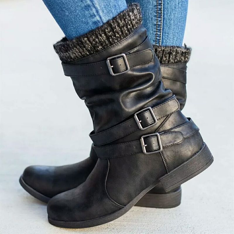 

Women mid-calf boots low heels vintage PU leather shoes plus size gladiator booties woman mujer zapatos mujer invierno D1457, Black