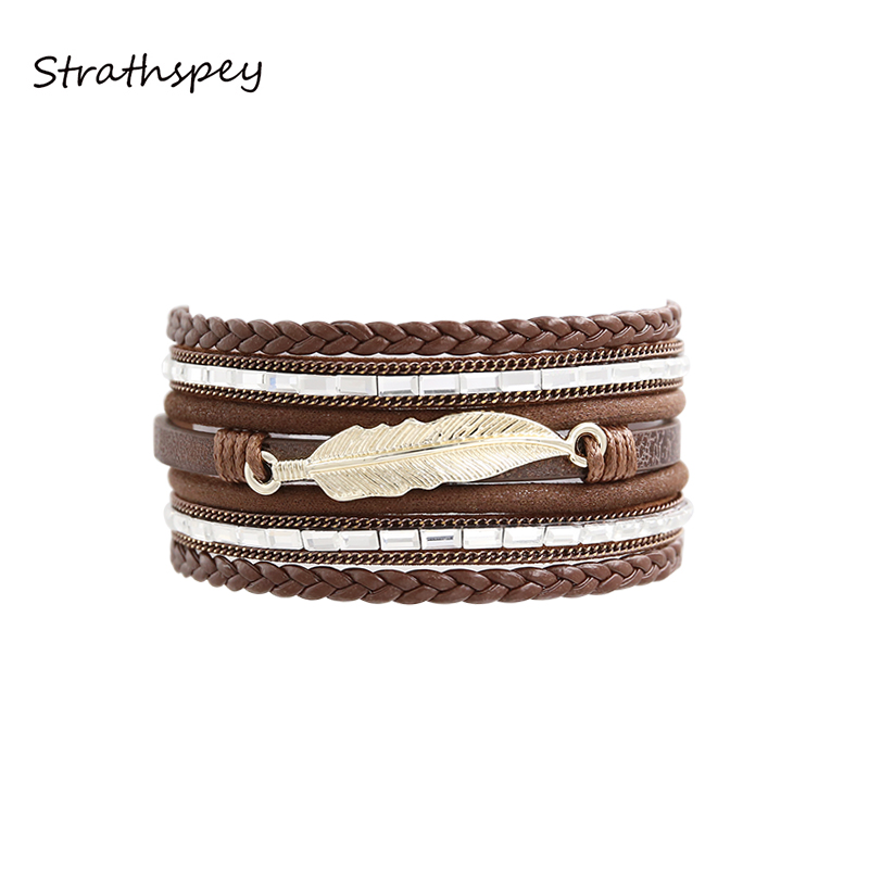 

STRATHSPEY Fashion Alloy Gold Leaf Wide Magnetic Acrylic Leather Bracelets & Bangles Multilayer Bracelets Jewelry For Women Gift
