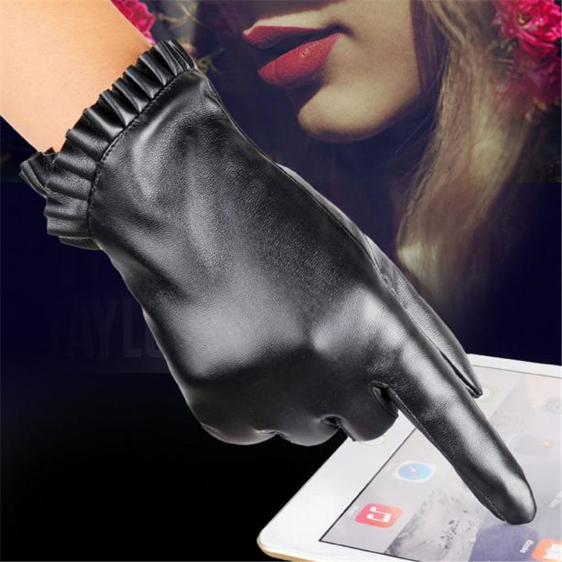 

Women Girl Luxurious PU Leather Winter Super Warm Gloves Cashmere Bow Hand Gloves guantes eldiven handschoenen 40FE15
