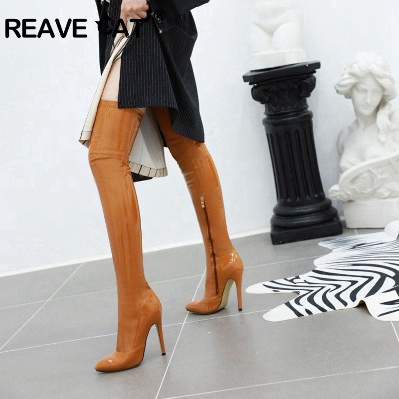 

REAVECAT Winter slim Over-the -Knee boots Pointed toe 11.5cm Thin heels PU Zipper Solid Big size 34-48 Yellow Apricot Club A3172, Yellow fur