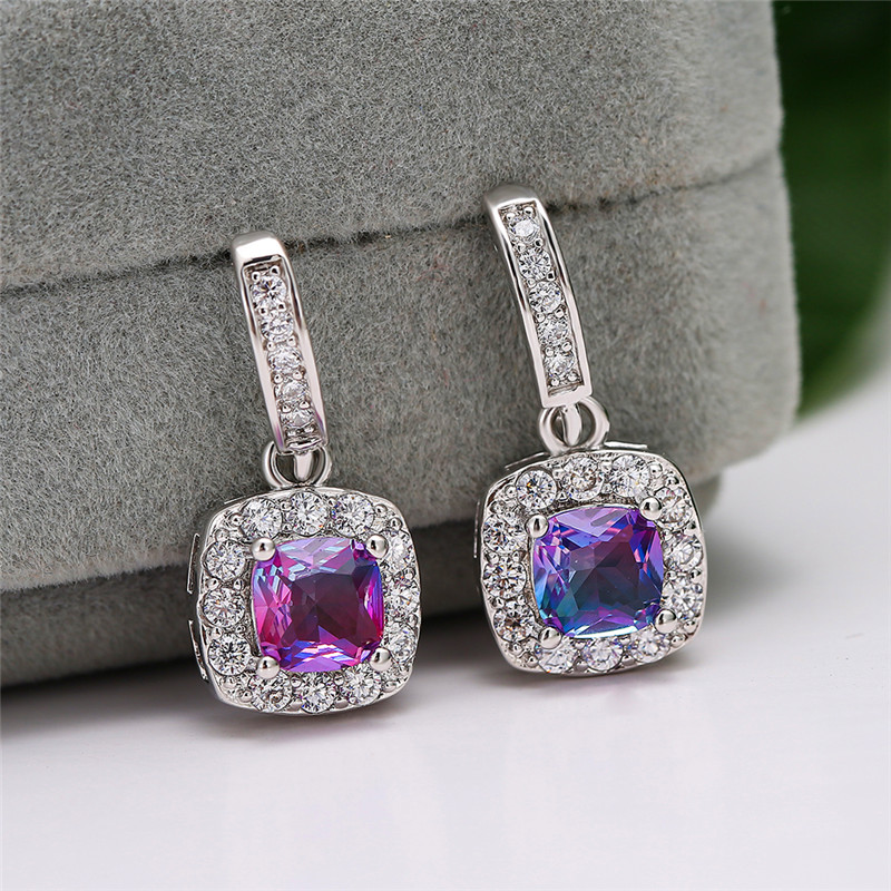 

Charm Female Crystal Purple Drop Earrings Silver Color Dangle Earrings For Women Trendy Rainbow Square Wedding Earring