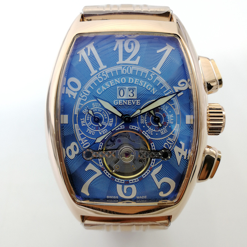 

Top Crazy Hours Watch Men Tonneau Automatic Tourbillon Watch Joker Stainless Steel Business Sport Mechanical, Y-h(pu strap)