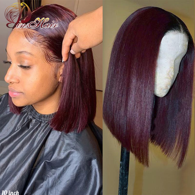 

Middle Part Straight Bob 13*1 Lace Part Human Hair Wig Peruvian Remy Hair 150% 99J Burgundy Deep Wig Pre Plucked Pinshair, As pic