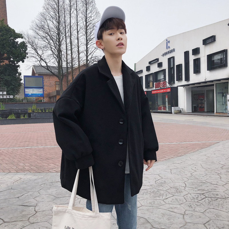 

Winter Thick Short Short Woolen Coat Men's Fashion Solid Color Casual Woolen Jacket Men Street Loose Coat Male Overcoat, Black