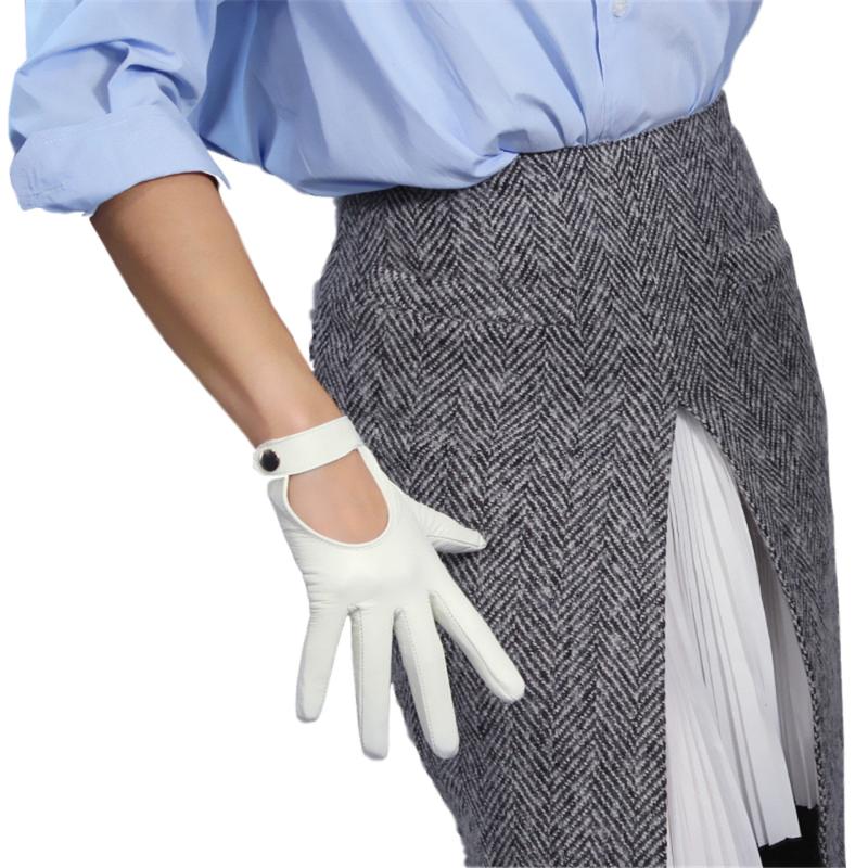 

Women Touch Screen White Leather Gloves Pure Sheepskin Locomotive Hand Back Short Button Silk Lining TBLB04