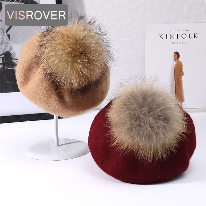 

VISROVER New Unisex 100% Wool Winter Beret Solid fur Pompom Autumn Hat Winter Cap Spring Punk Beret Hat Real Fur Wholesale