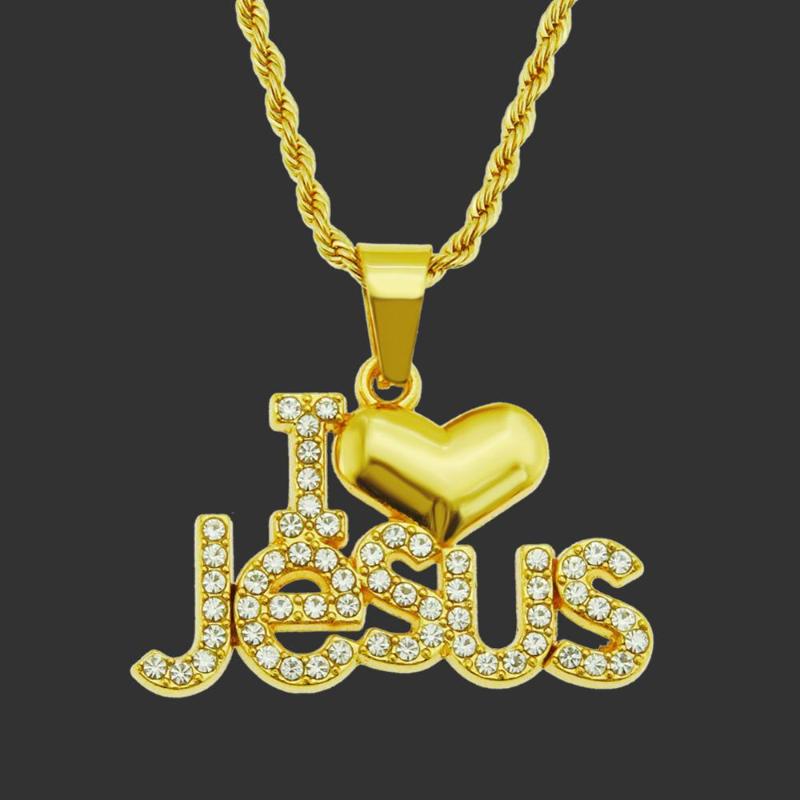 

Fashion Punk hip-hop Women I love jesus Pendant Crystal Rhinestone Chain Necklace Creative jewellery Jewelry