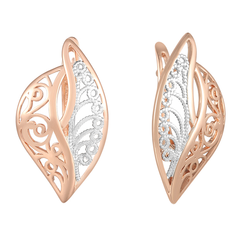 

FJ 2 Color Women Girls 585 Rose/Rose White Gold Color Drop Copper Leaf Earrings