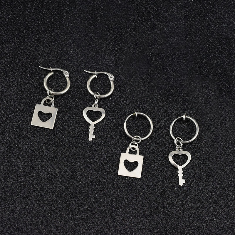 

KPOP DNA Korean Boys Idol Stainless Steel Punk Stud Earrings Asymmetry Key Lock Padlock Pendant Ear Clip Unisex Rock Jewelry