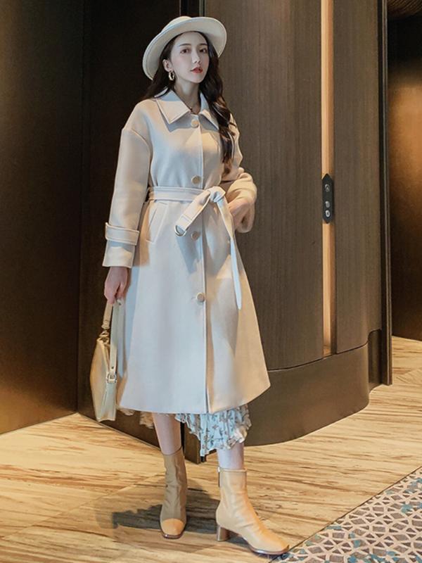 

Autumn winter New Women' Casual wool blend trench coat Long coat with belt, Beige