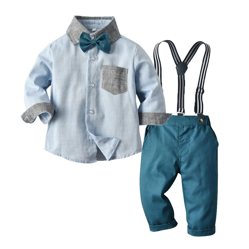 

Cotton boy clothes boy spring and autumn shirt suspenders suit 3 piece suit children suit clothing child new baby toddler 1, Light blue1