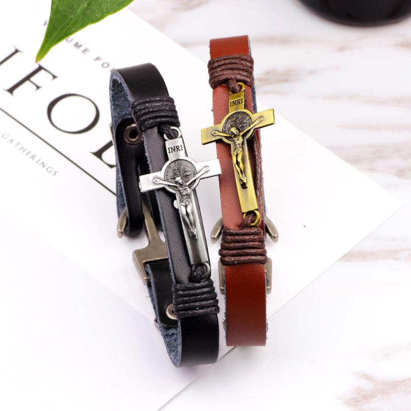 

Punk Style Men Charm Jewelry Classic Black Brown Leather Bracelet Fashion Hook Cross Shape Bracelet Bangle Accesories