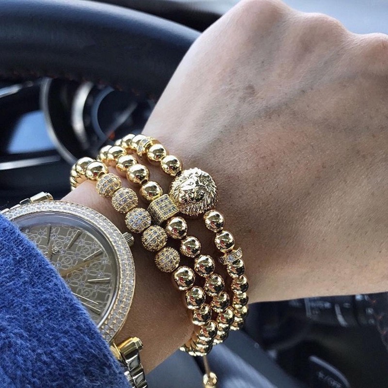 

2020 Luxury Bracelet Men Pave Cubic Zirconia Lion Royal Crown Multi-piece Set Geometric Bead Bracelet For Men Punk Jewelry Gift