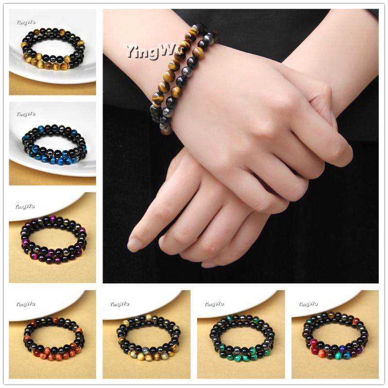 

Yingwu 2pcs Men Bracelets Beads Natural Stone Black Onyx&Tiger Eye&Hematite Stone Bracelets for Women Men No Magnetic Bracelet
