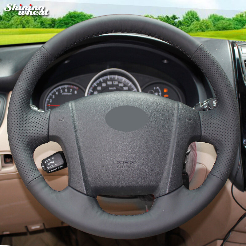 

Shining wheat Black Genuine Leather Steering Wheel Cover for Kia Sportage 2 2005-2010 2009 Sportage