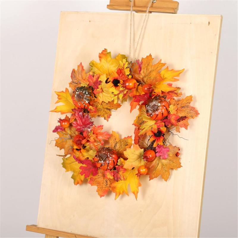 

15.7IN Pumpkin Acorn Fruit Vine Wreath Christmas Home Decorating Nuts Wheat Ear Halloween Thanksgiving Wall Hanging, Yellow