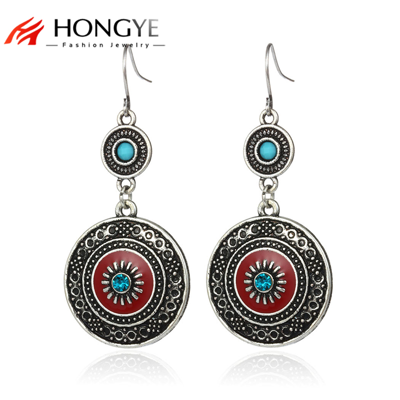 

HONGYE Ethnic Drop Earrings for women Vintage Carved Red Enameling Crystal Resin Beads Big Dangling Earrings Femme boho Jewelry