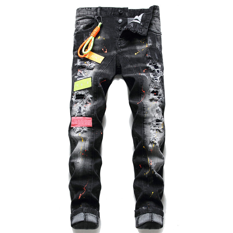 

Men Badge Rips Stretch Black Jeans Fashion Slim Fit Washed Motocycle Denim Pants Men's Panelled Hip Hop Trousers For Male 1070, 1047