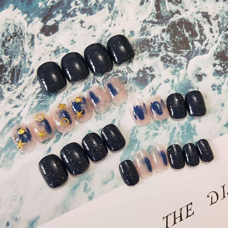 

24pcs Imitation Fake Nails Nail Art Nail Care 3D Fake Nails Blue Star Sky Diamond MH88, Deep blue