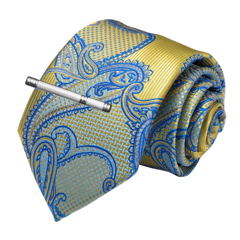 

High Quality Men Tie Gold Blue Paisley Silk Wedding Tie For Men DiBanGu Designer Hanky Cufflinks Clip Set Dropshipping MJ-7186
