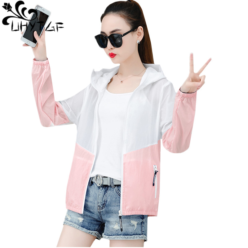 

UHYTGF 2020 summer coat women UV-resistant breathable thin Sun protection clothing hooded zipper short 5XL plus size tops 1567, Taro 361