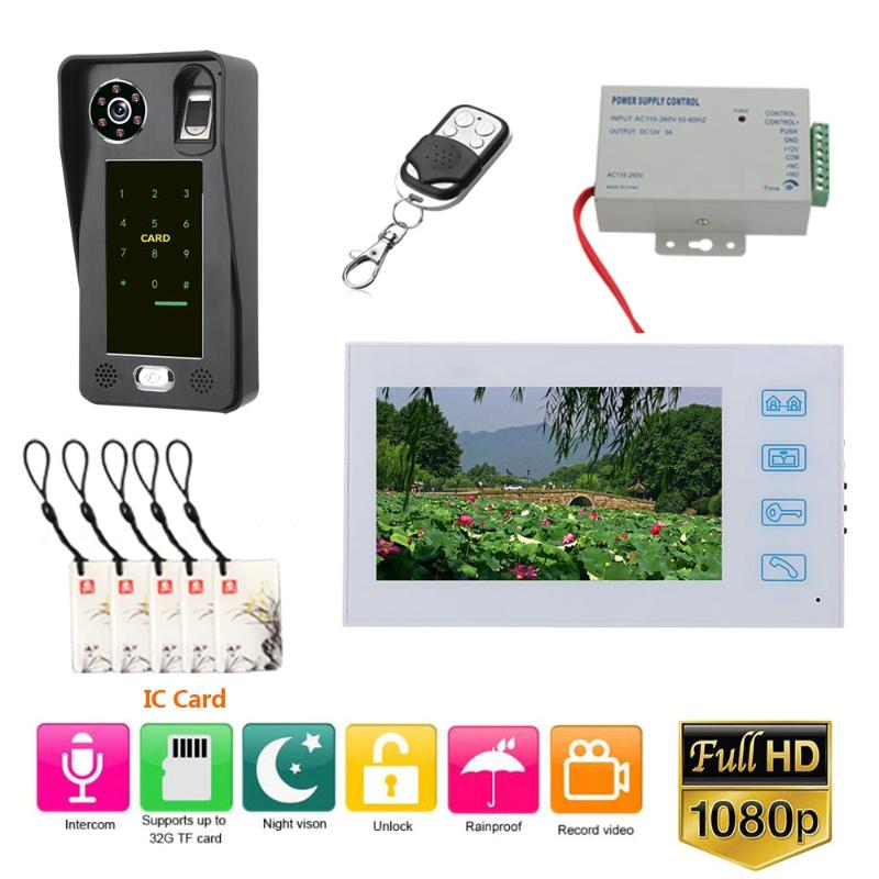 

7" Record Wired Video Door Phone Doorbell Intercom System with Fingerprint RFIC Card AHD 1080P Camera Door Access Control System